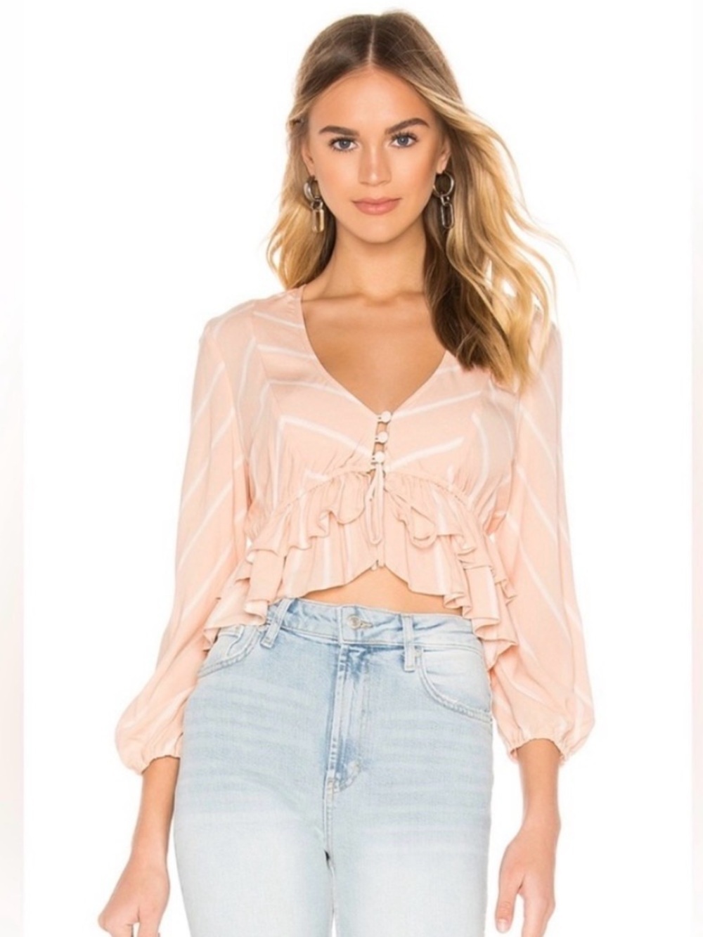 Free People Samifran Ruffled Top Peach Stripe Boho Cropped V-Neck Blouse Small